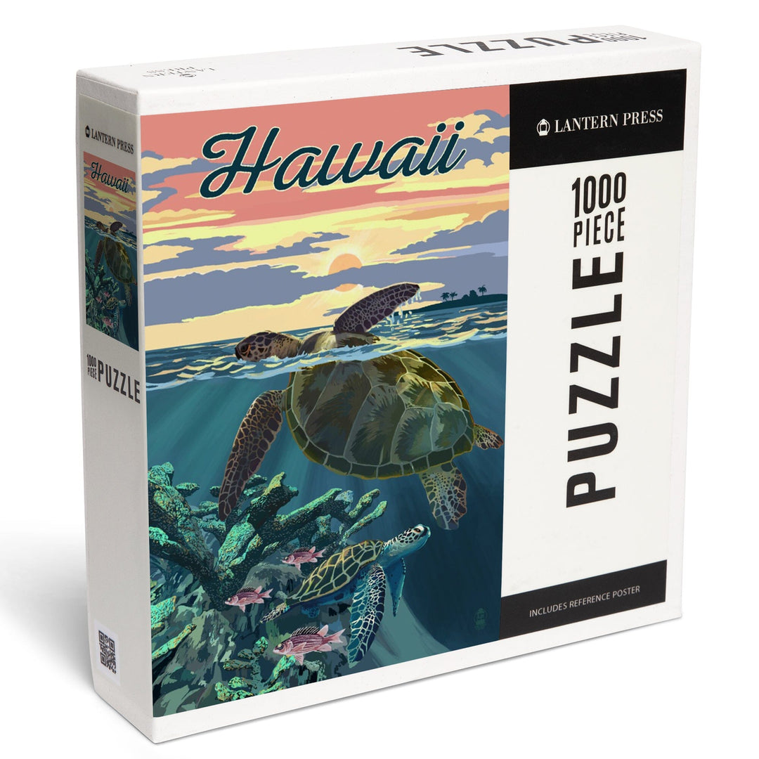 Hawaii, Loggerhead Sea Turtle and Sunset, Jigsaw Puzzle Puzzle Lantern Press 