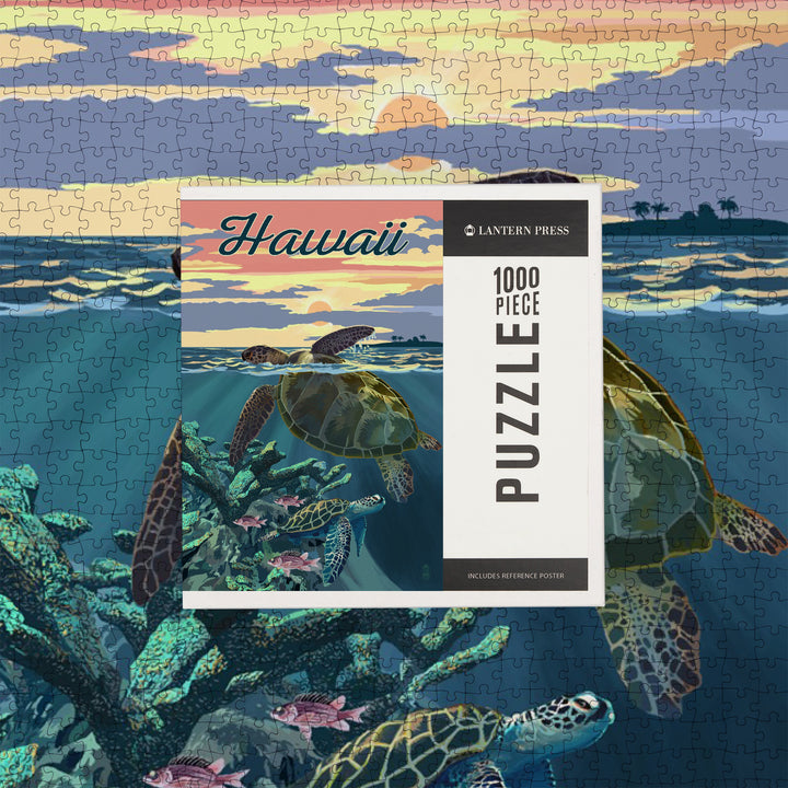 Hawaii, Loggerhead Sea Turtle and Sunset, Jigsaw Puzzle Puzzle Lantern Press 