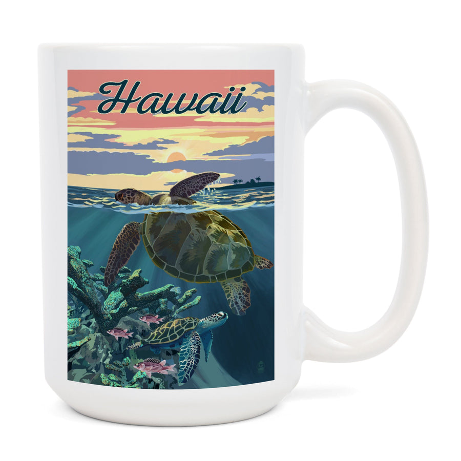 Hawaii, Loggerhead Sea Turtle & Sunset, Lantern Press Artwork, Ceramic Mug Mugs Lantern Press 