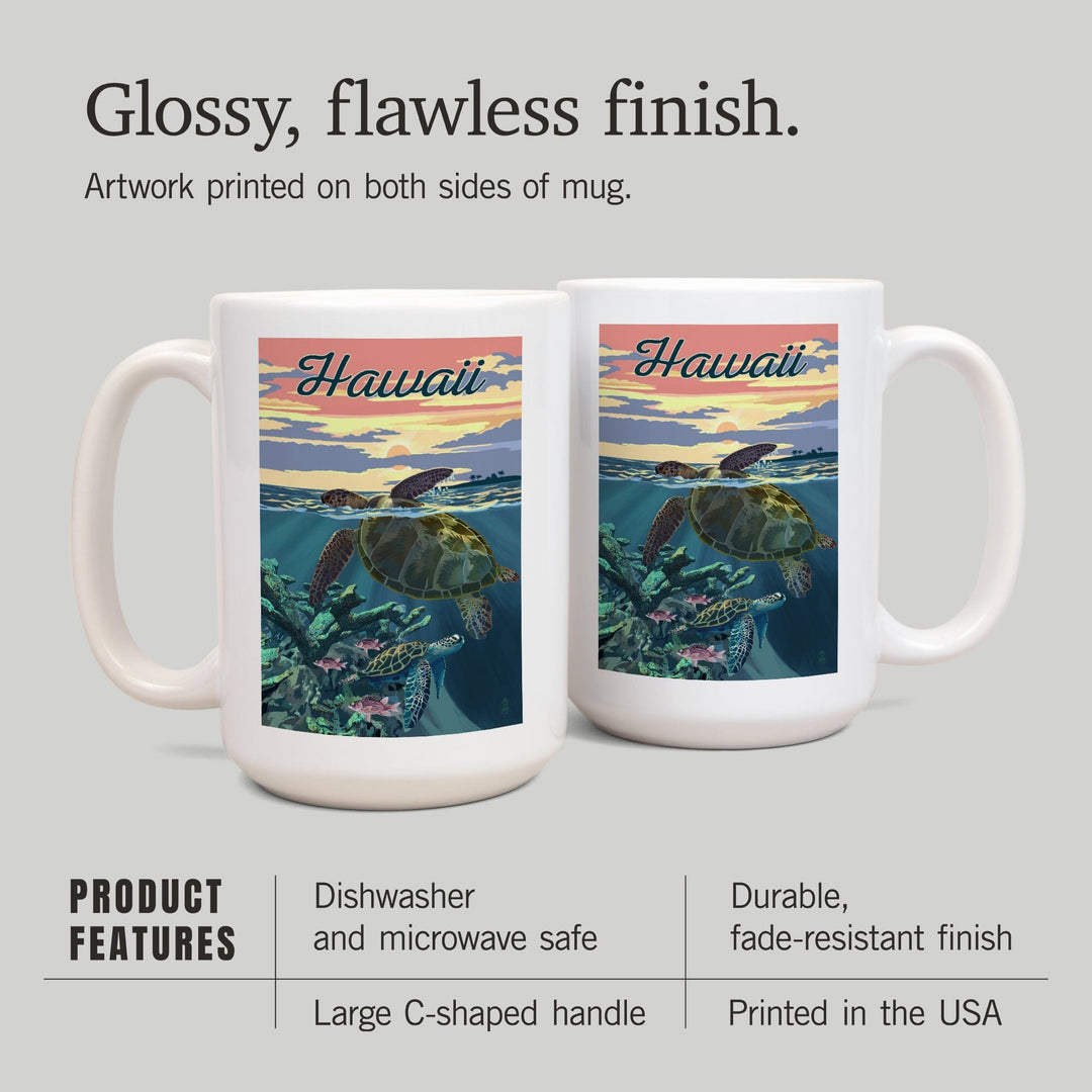 Hawaii, Loggerhead Sea Turtle & Sunset, Lantern Press Artwork, Ceramic Mug Mugs Lantern Press 