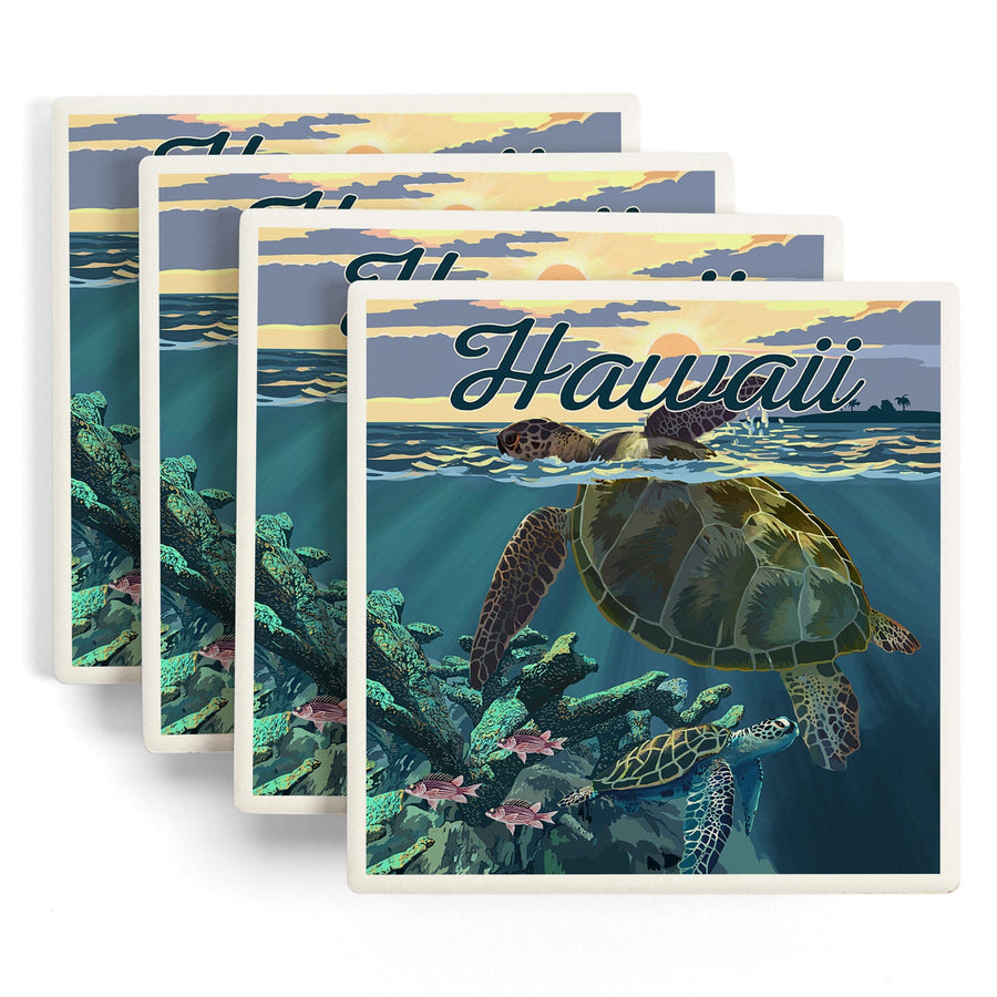 Hawaii, Loggerhead Sea Turtle & Sunset, Lantern Press Artwork, Coaster Set - Lantern Press