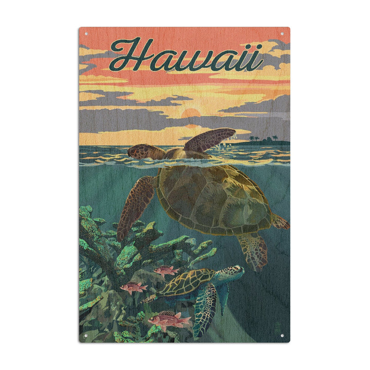 Hawaii, Loggerhead Sea Turtle & Sunset, Lantern Press Artwork, Wood Signs and Postcards Wood Lantern Press 10 x 15 Wood Sign 