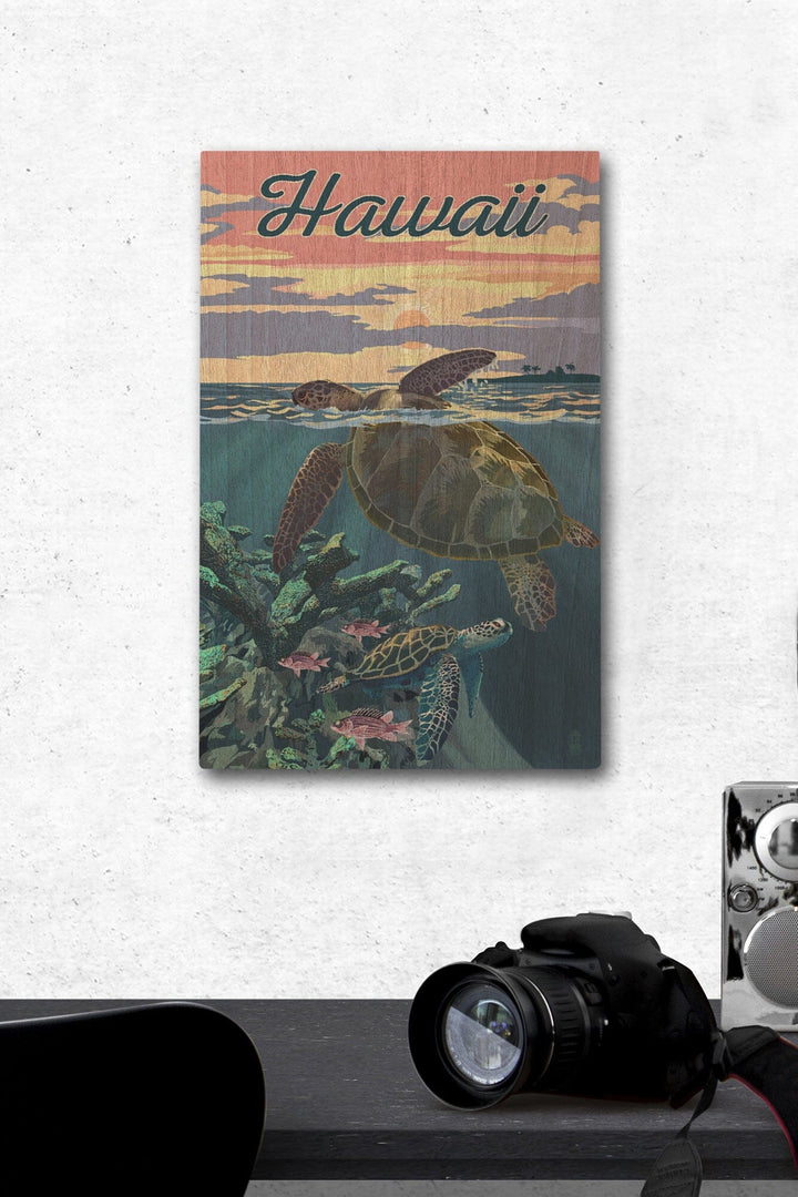 Hawaii, Loggerhead Sea Turtle & Sunset, Lantern Press Artwork, Wood Signs and Postcards Wood Lantern Press 12 x 18 Wood Gallery Print 
