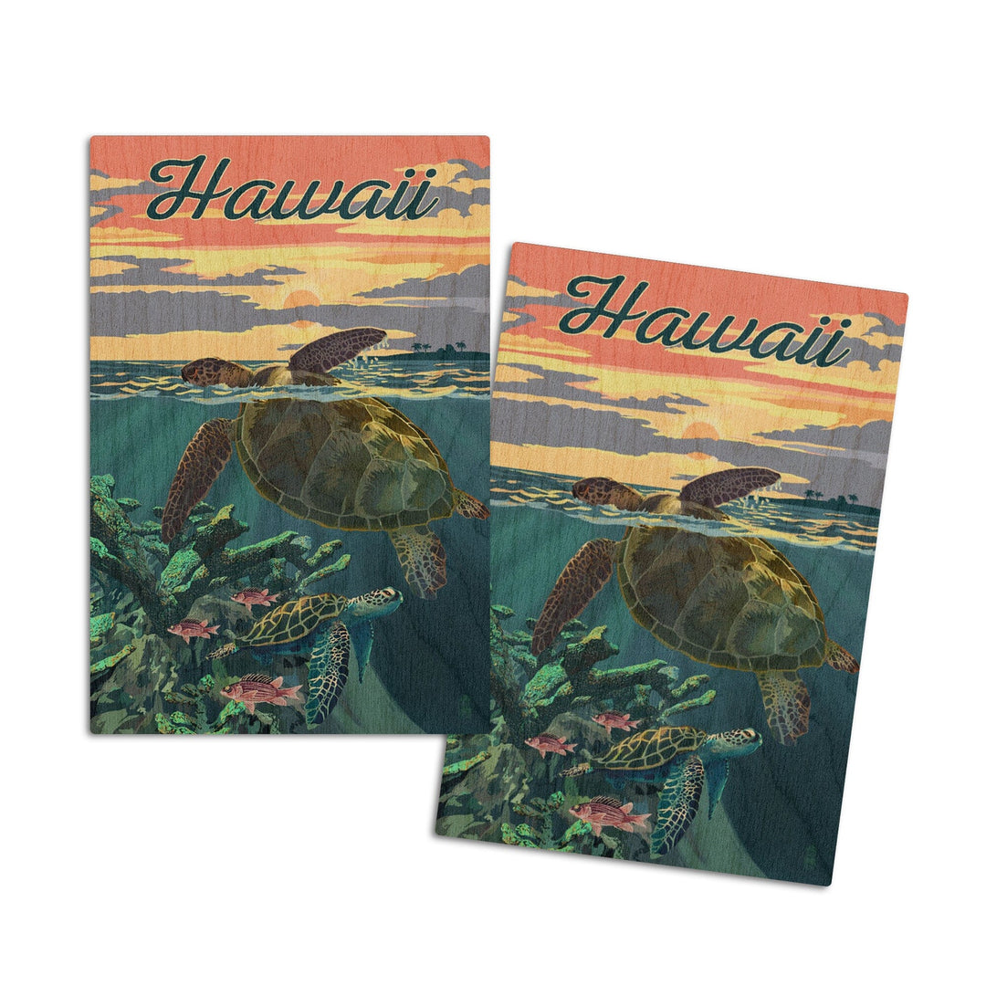 Hawaii, Loggerhead Sea Turtle & Sunset, Lantern Press Artwork, Wood Signs and Postcards Wood Lantern Press 4x6 Wood Postcard Set 