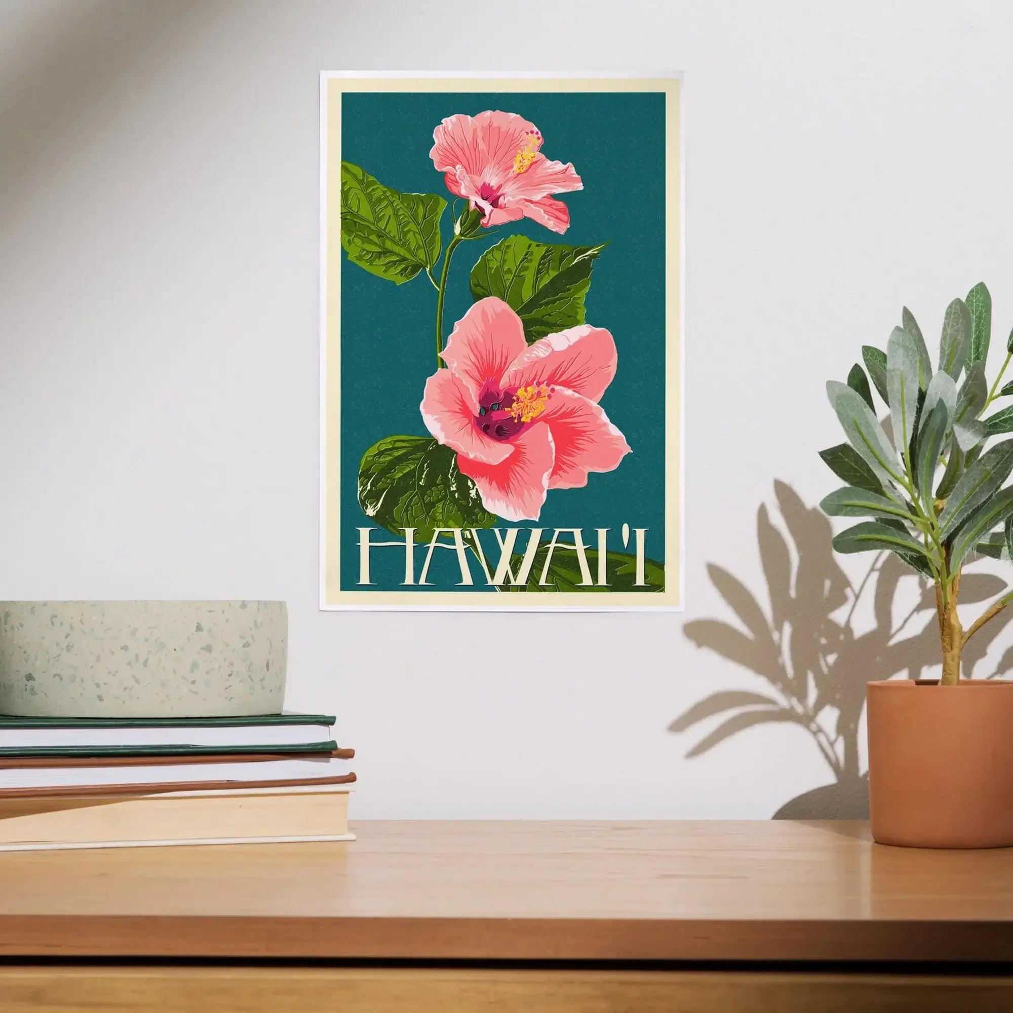 Hawaii, Pink Hibiscus Flower Letterpress art prints, metal signs