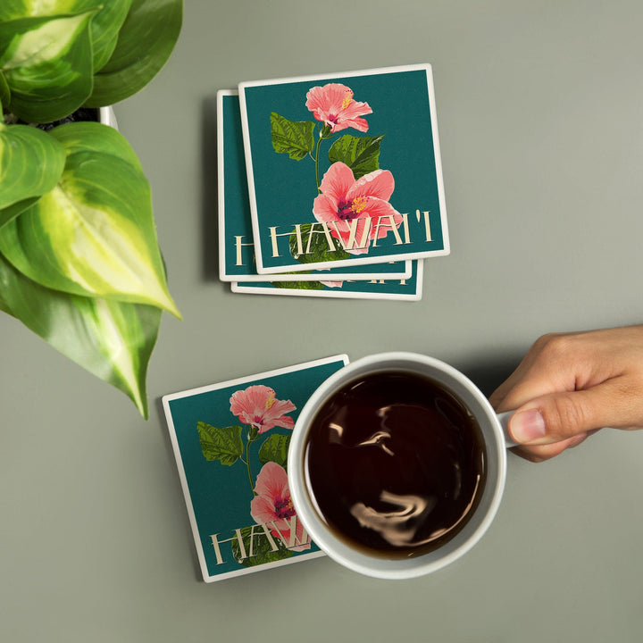 Hawaii, Pink Hibiscus Flower Letterpress, Coasters Coasters Lantern Press 