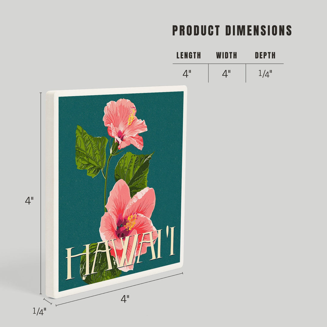 Hawaii, Pink Hibiscus Flower Letterpress, Coasters Coasters Lantern Press 