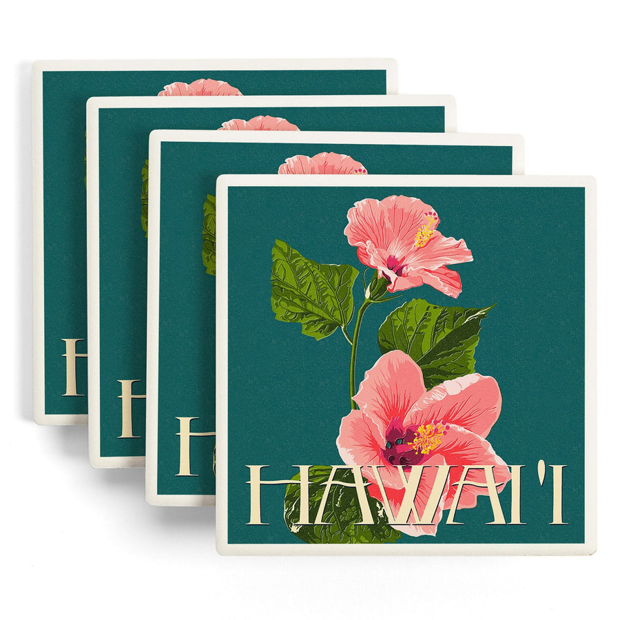 Hawaii, Pink Hibiscus Flower Letterpress, Lantern Press Artwork, Coaster Set - Lantern Press