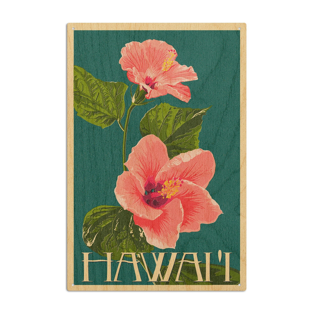 Hawaii, Pink Hibiscus Flower Letterpress, Lantern Press Artwork, Wood Signs and Postcards Wood Lantern Press 10 x 15 Wood Sign 