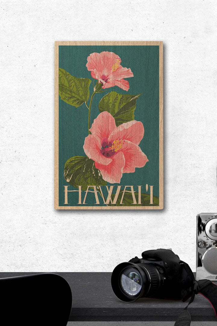 Hawaii, Pink Hibiscus Flower Letterpress, Lantern Press Artwork, Wood Signs and Postcards Wood Lantern Press 12 x 18 Wood Gallery Print 