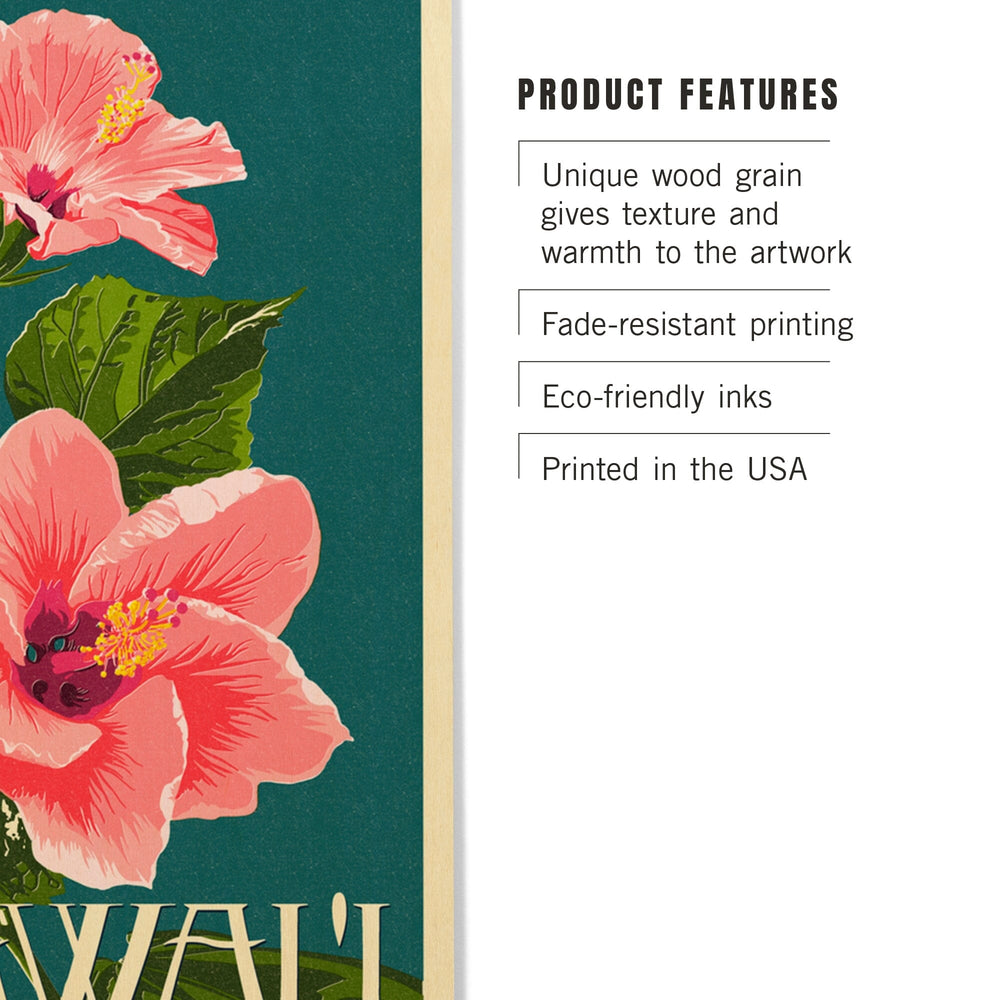 Hawaii, Pink Hibiscus Flower Letterpress, Lantern Press Artwork, Wood Signs and Postcards Wood Lantern Press 