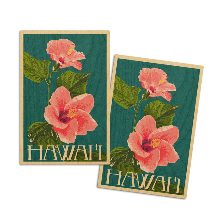 Hawaii, Pink Hibiscus Flower Letterpress, Lantern Press Artwork, Wood Signs and Postcards Wood Lantern Press 4x6 Wood Postcard Set 