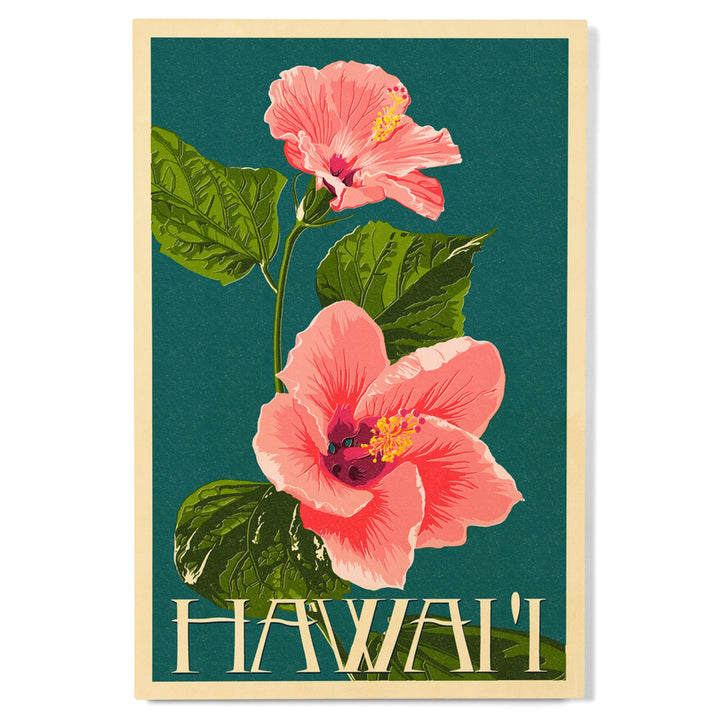 Hawaii, Pink Hibiscus Flower Letterpress, Lantern Press Artwork, Wood Signs and Postcards Wood Lantern Press 