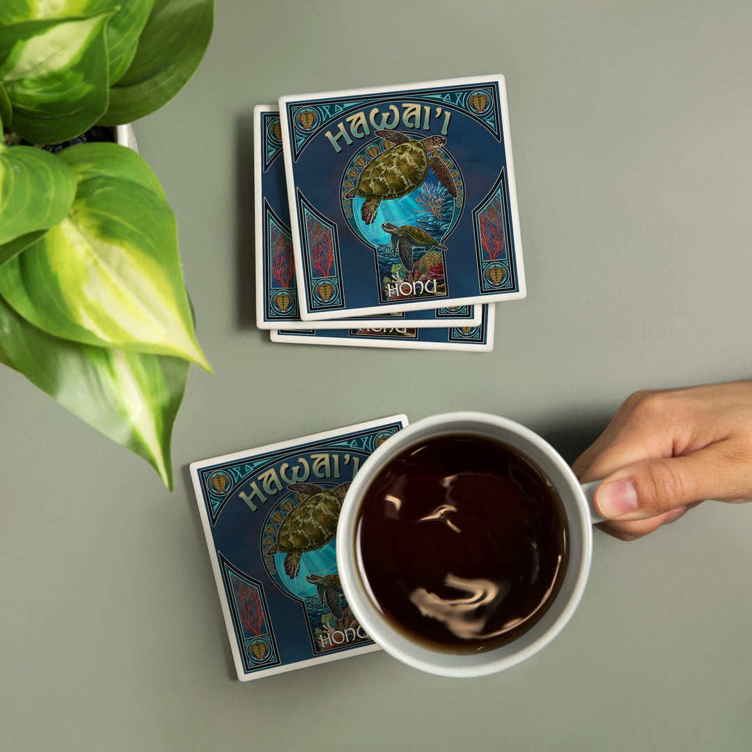 Hawaii, Sea Turtle Art Nouveau, Coasters Coasters Lantern Press 