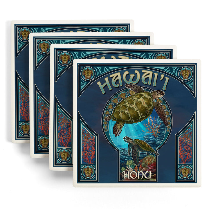 Hawaii, Sea Turtle Art Nouveau, Coasters Coasters Lantern Press 