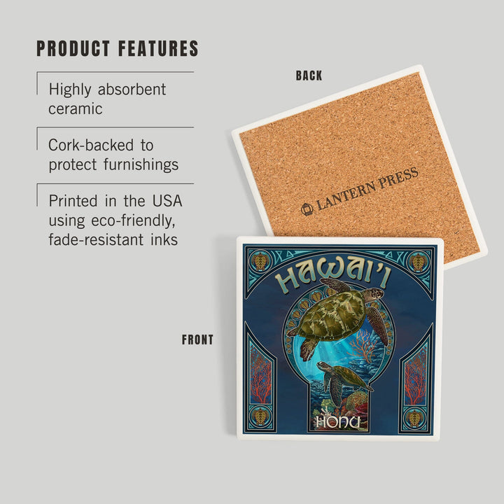 Hawaii, Sea Turtle Art Nouveau, Coasters Coasters Lantern Press 