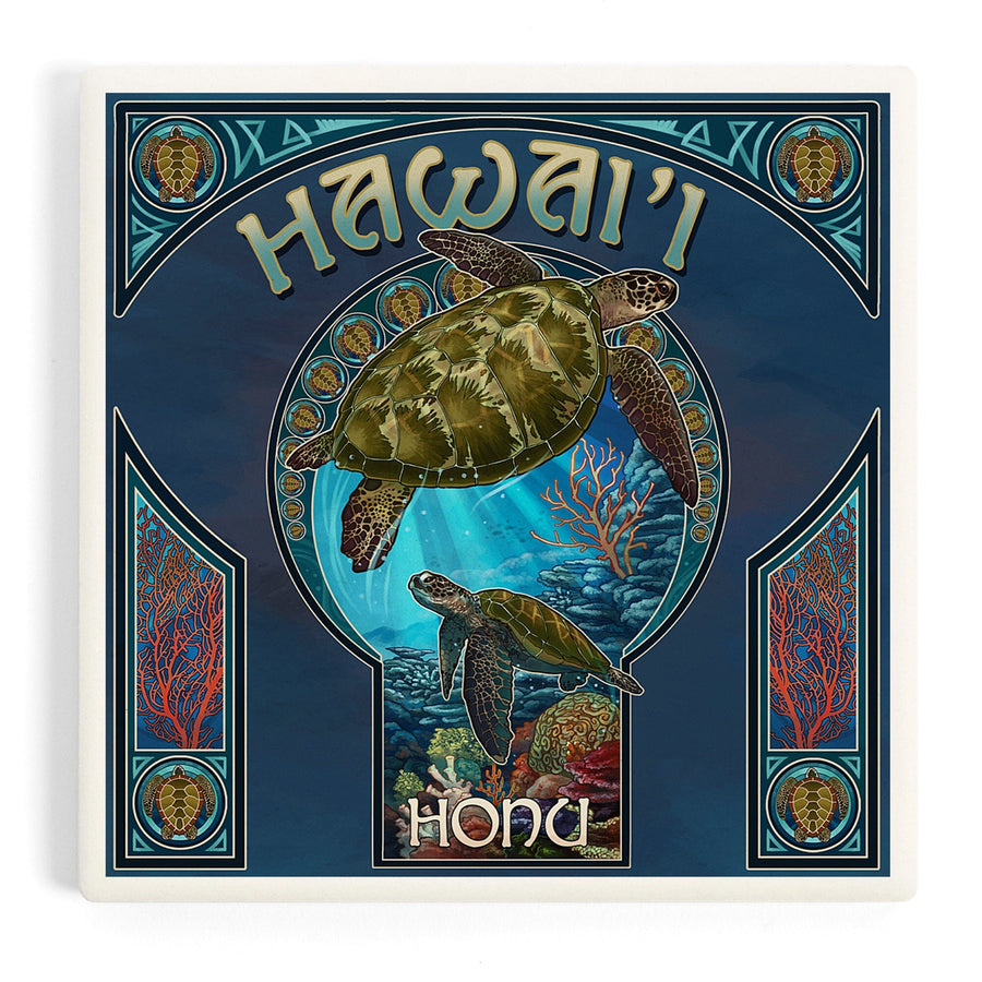 Hawaii, Sea Turtle Art Nouveau, Coasters Coasters Lantern Press 
