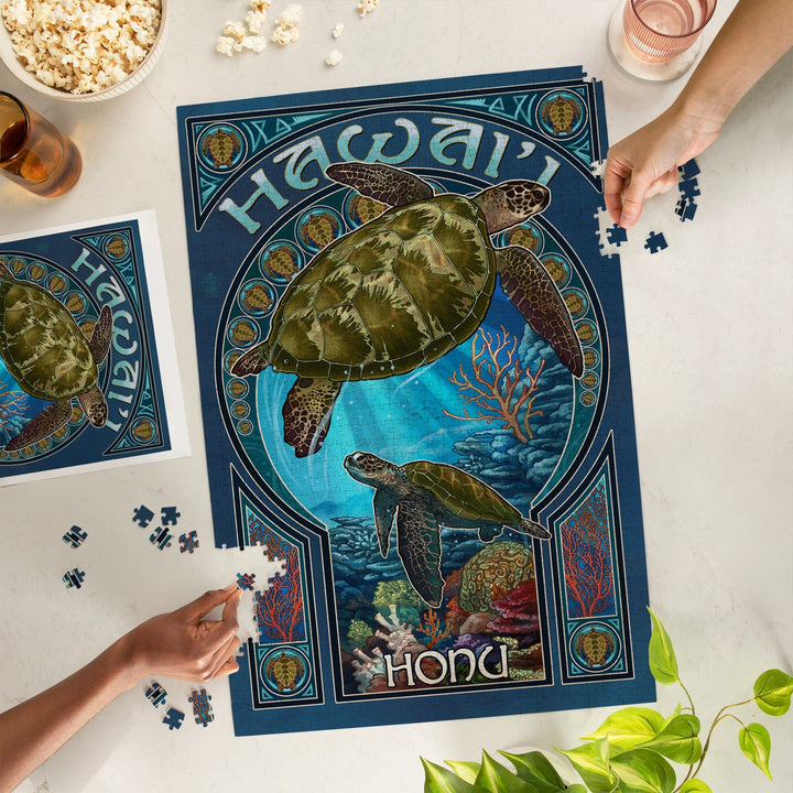 Hawaii, Sea Turtle Art Nouveau, Jigsaw Puzzle Puzzle Lantern Press 