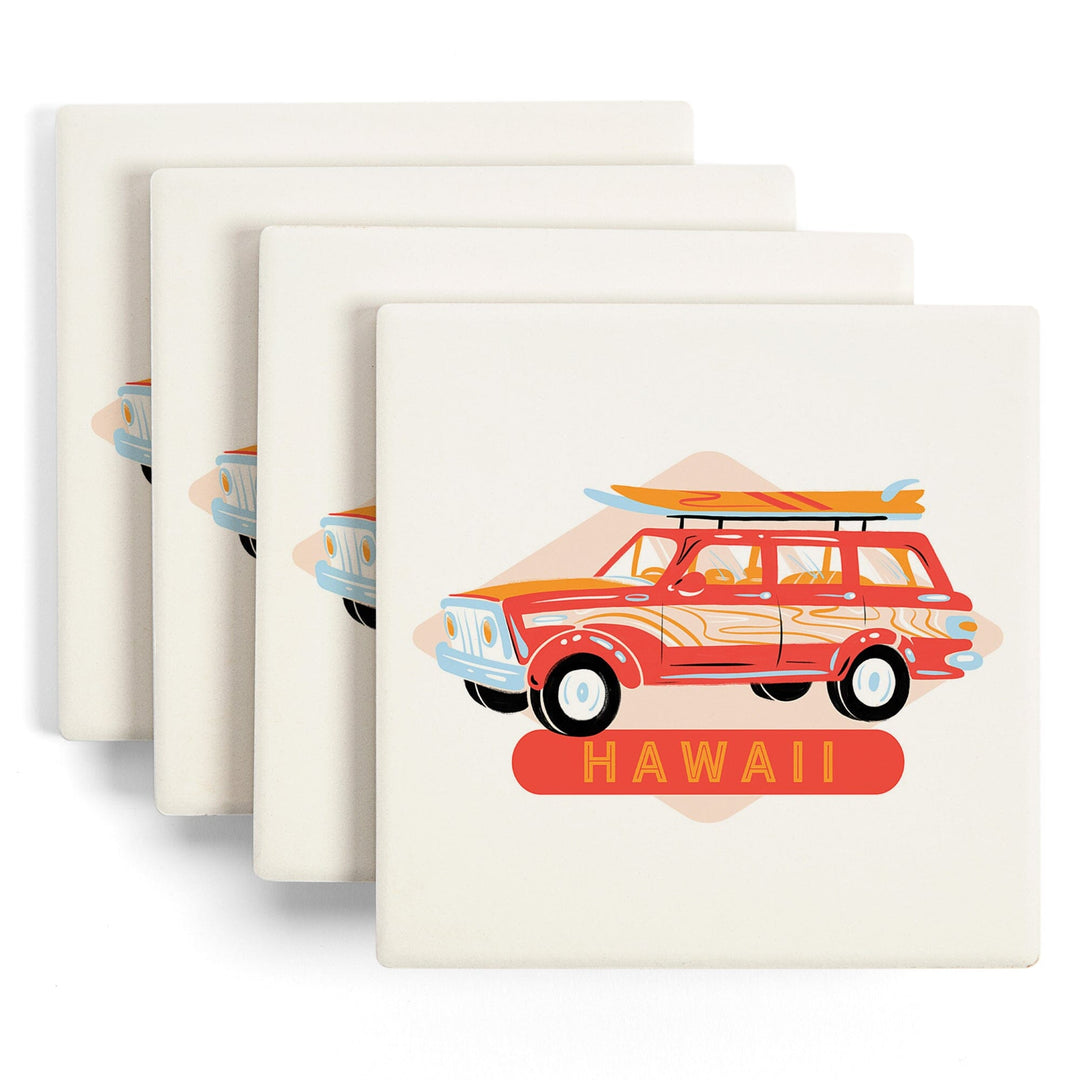 Hawaii, Secret Surf Spot, Woody Wagon with Surfboards, Contour, Lantern Press Artwork, Coaster Set - Lantern Press