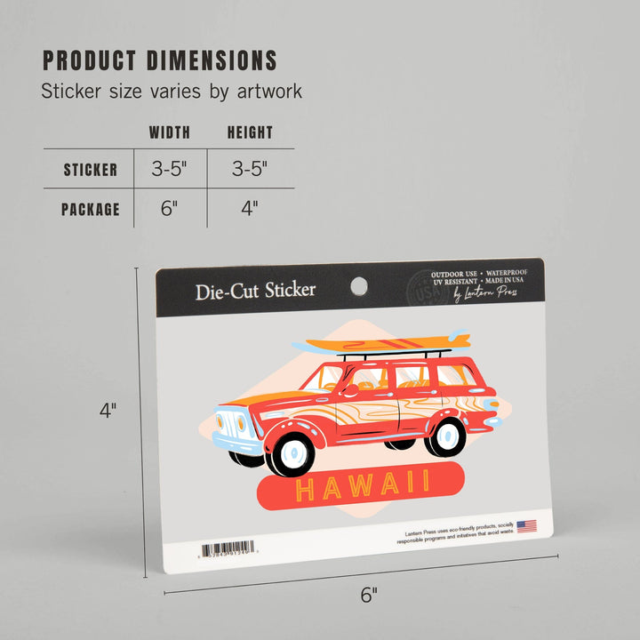 Hawai‘i, Secret Surf Spot, Woody Wagon with Surfboards, Contour, Vinyl Sticker Sticker Lantern Press 