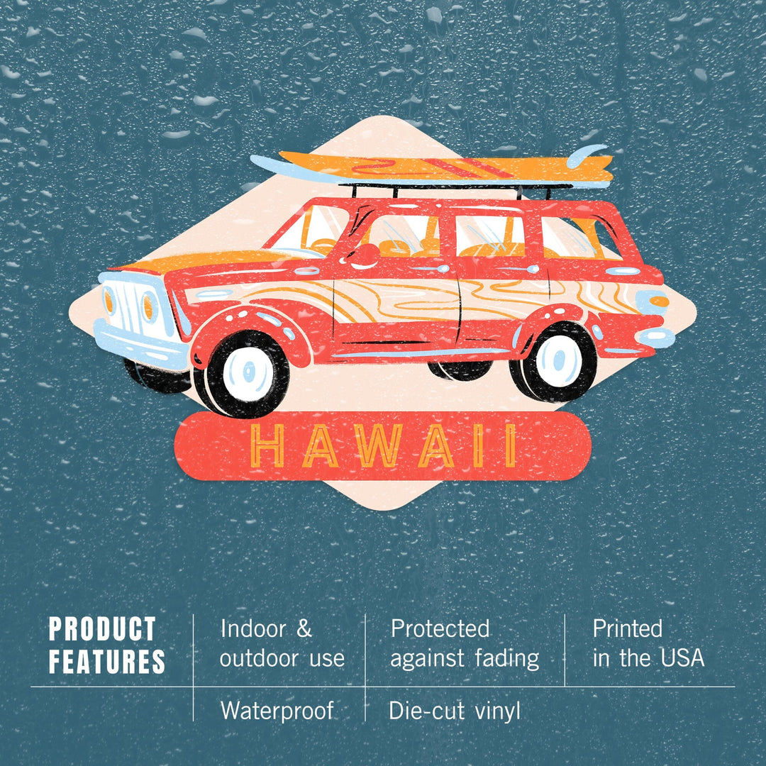 Hawai‘i, Secret Surf Spot, Woody Wagon with Surfboards, Contour, Vinyl Sticker Sticker Lantern Press 