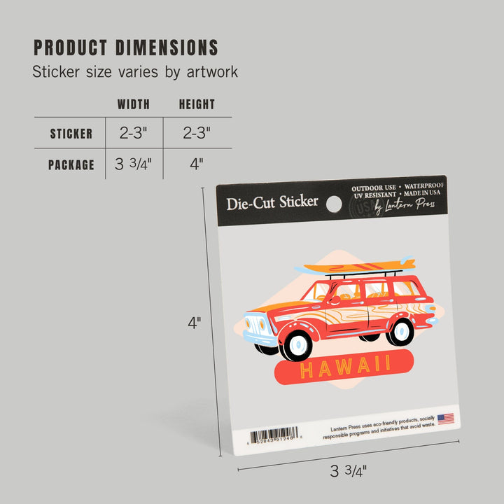 Hawai‘i, Secret Surf Spot, Woody Wagon with Surfboards, Contour, Vinyl Sticker Sticker Lantern Press 