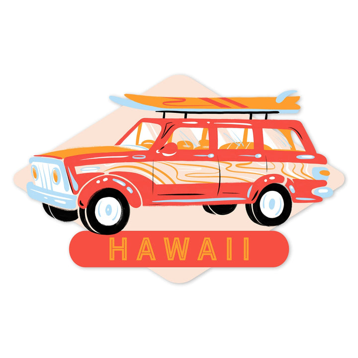 Hawai‘i, Secret Surf Spot, Woody Wagon with Surfboards, Contour, Vinyl Sticker Sticker Lantern Press 