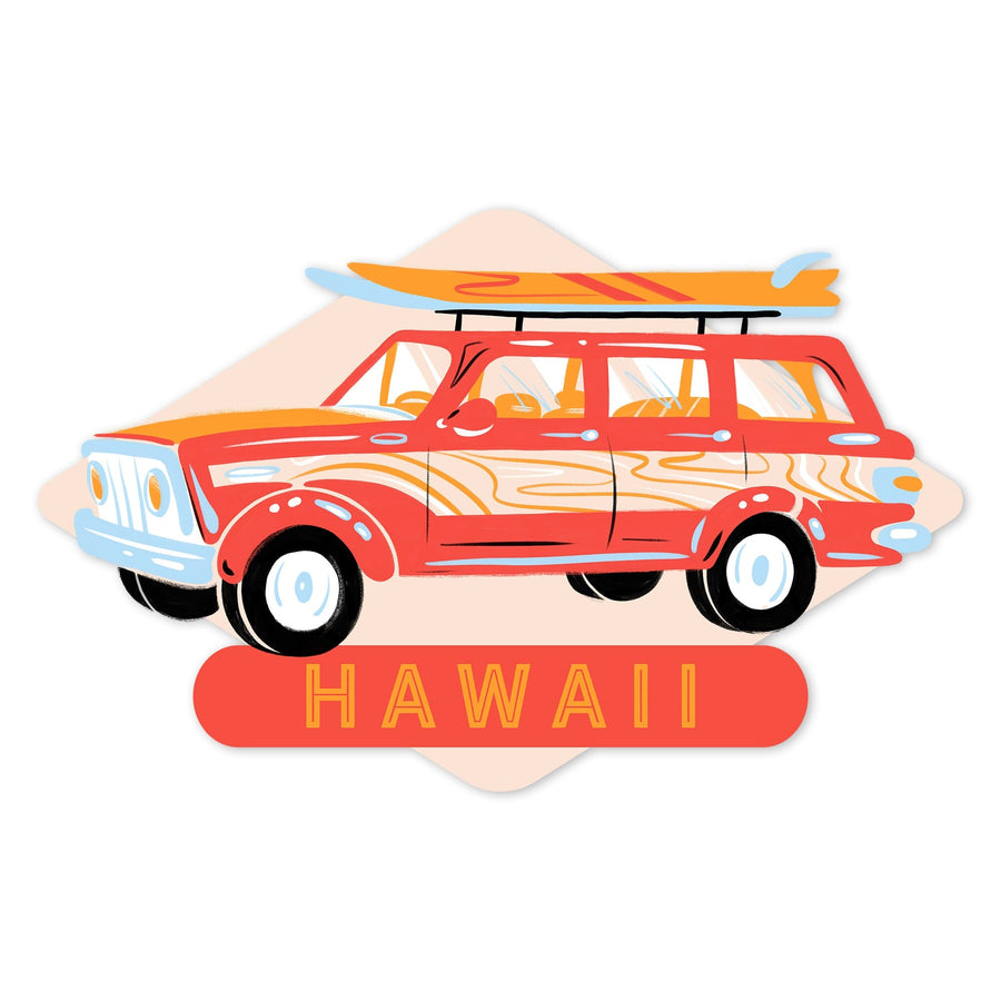 Hawai‘i, Secret Surf Spot, Woody Wagon with Surfboards, Contour, Vinyl Sticker Sticker Lantern Press 