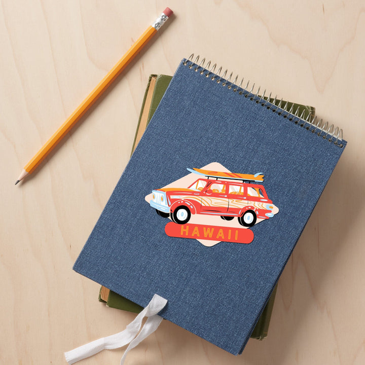 Hawai‘i, Secret Surf Spot, Woody Wagon with Surfboards, Contour, Vinyl Sticker Sticker Lantern Press 