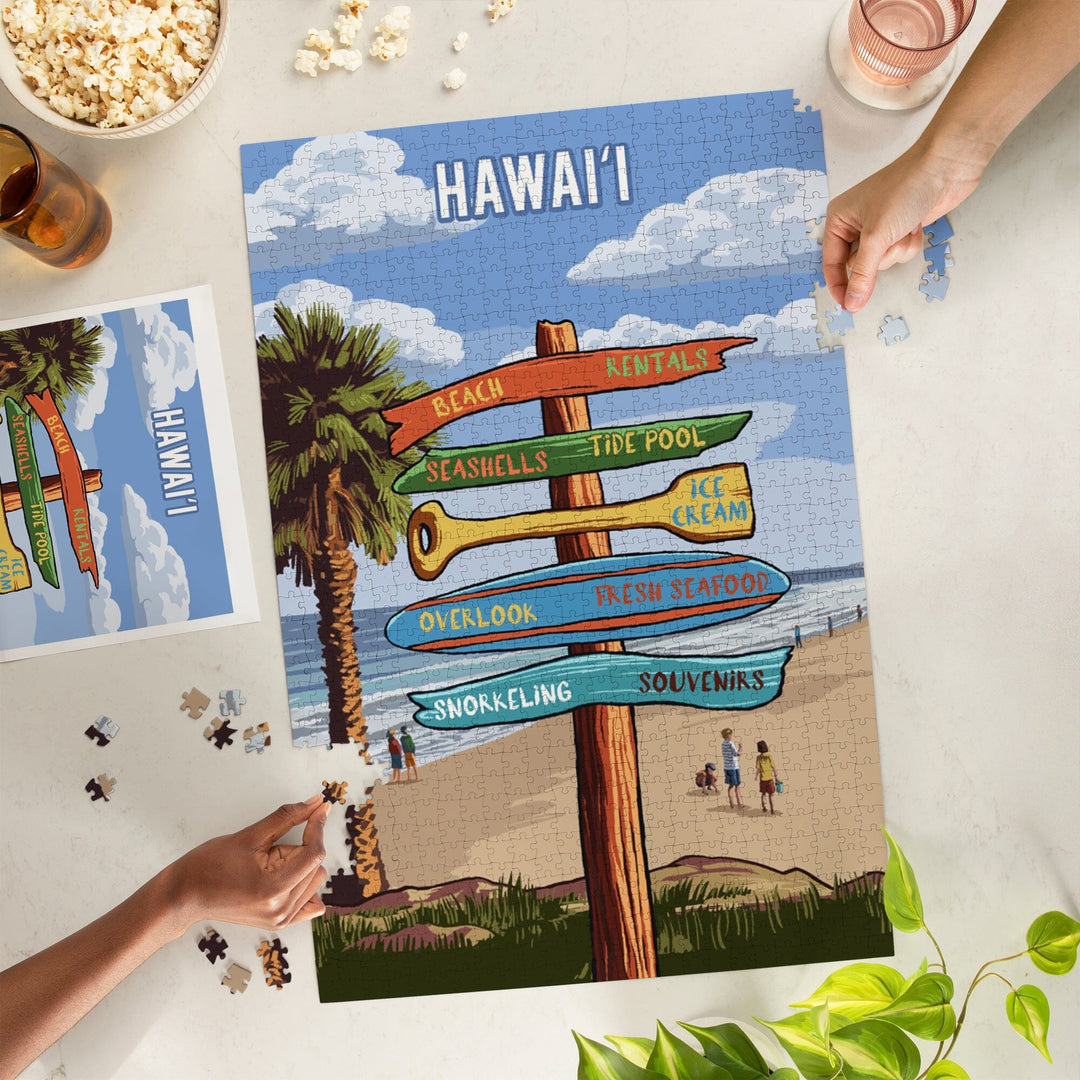 Hawaii, Signpost, Coast Beach with Palms, Jigsaw Puzzle Puzzle Lantern Press 