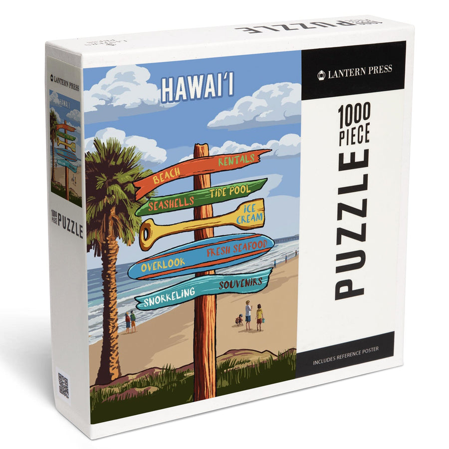 Hawaii, Signpost, Coast Beach with Palms, Jigsaw Puzzle Puzzle Lantern Press 