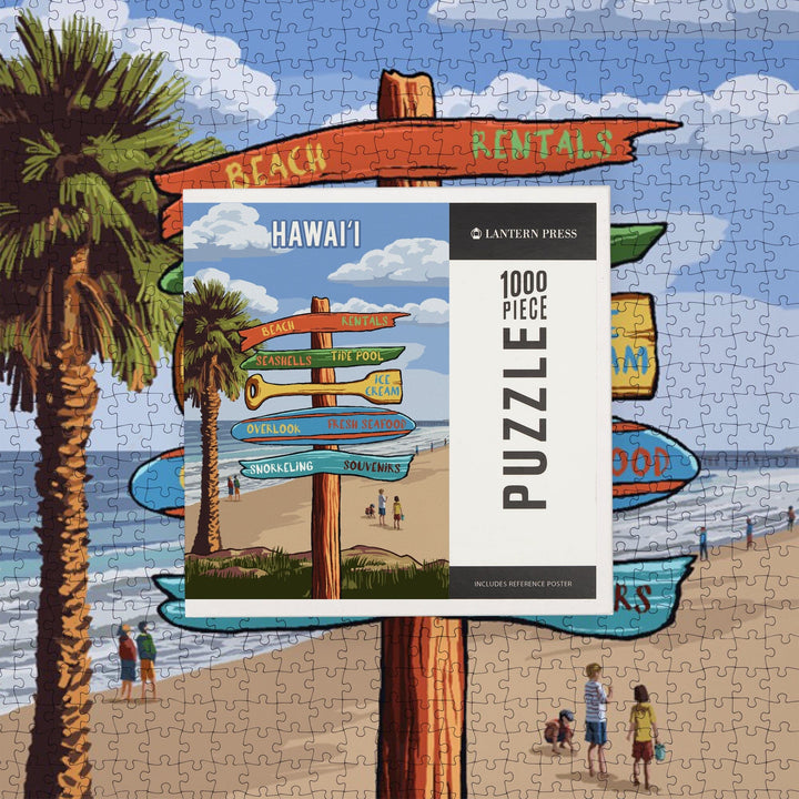 Hawaii, Signpost, Coast Beach with Palms, Jigsaw Puzzle Puzzle Lantern Press 