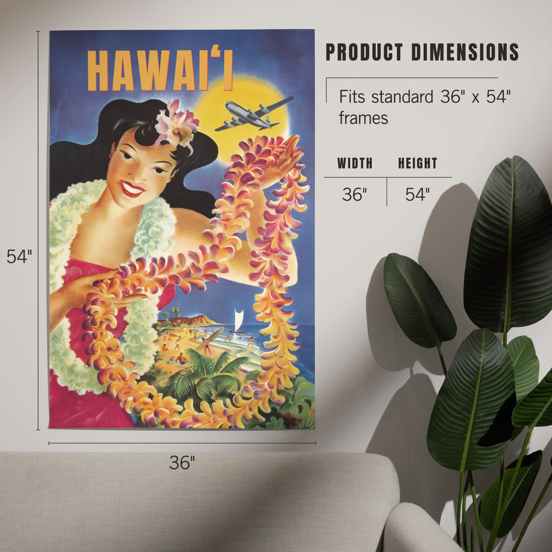Hawaii, Vintage Beach and Lei, Art & Giclee Prints Art Lantern Press 
