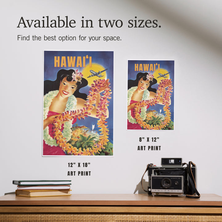 Hawaii, Vintage Beach and Lei, Art & Giclee Prints Art Lantern Press 