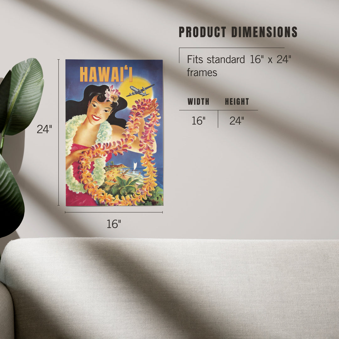 Hawaii, Vintage Beach and Lei, Art & Giclee Prints Art Lantern Press 