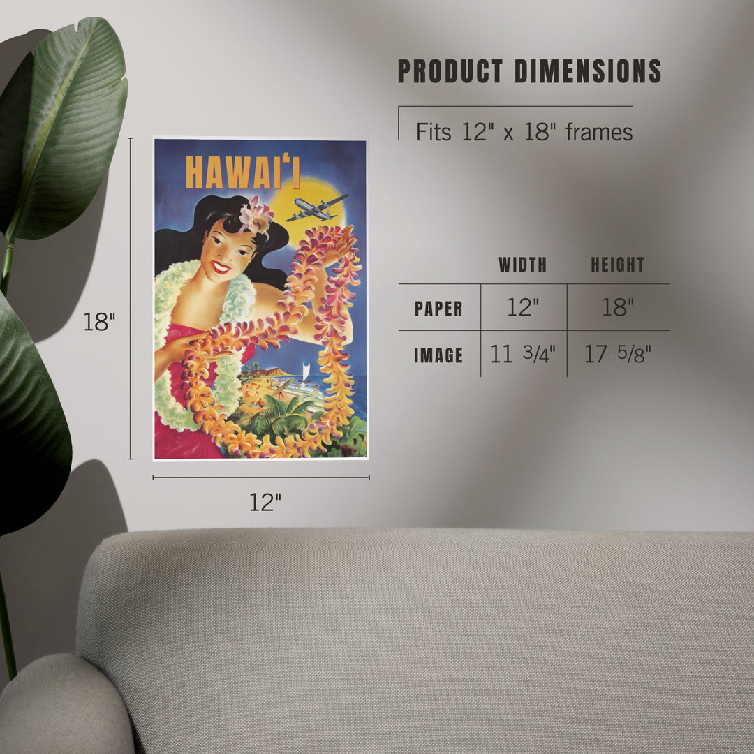 Hawaii, Vintage Beach and Lei, Art & Giclee Prints Art Lantern Press 