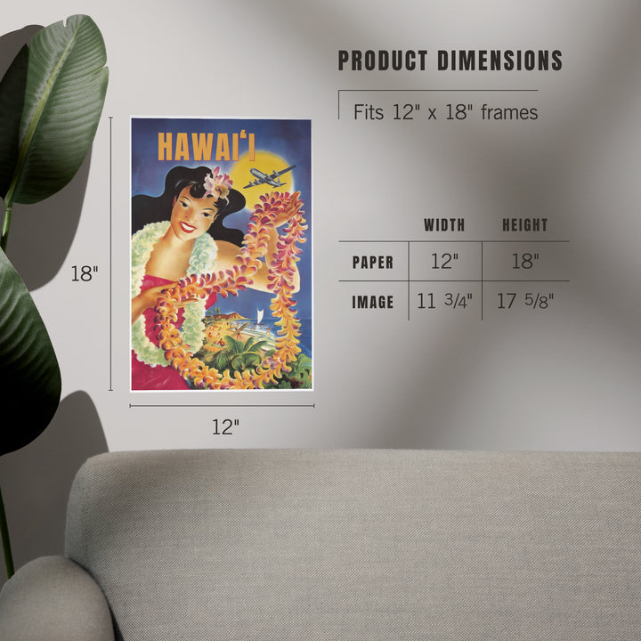 Hawaii, Vintage Beach and Lei, Art & Giclee Prints Art Lantern Press 