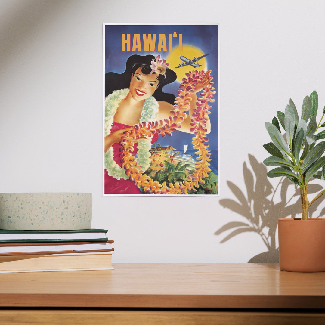 Hawaii, Vintage Beach and Lei, Art & Giclee Prints Art Lantern Press 