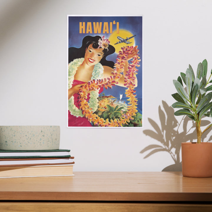 Hawaii, Vintage Beach and Lei, Art & Giclee Prints Art Lantern Press 