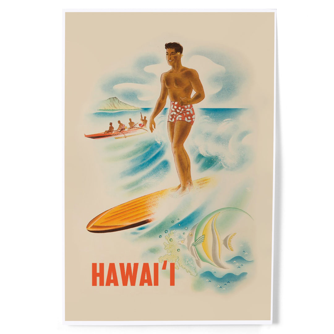 Hawaii, Vintage Surfer, Art & Giclee Prints Art Lantern Press 