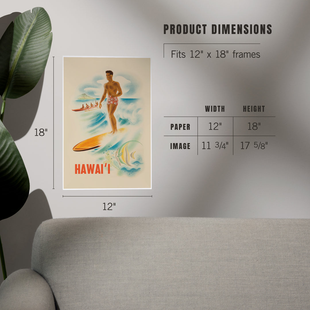 Hawaii, Vintage Surfer, Art & Giclee Prints Art Lantern Press 