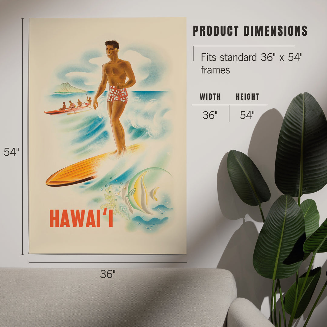 Hawaii, Vintage Surfer, Art & Giclee Prints Art Lantern Press 
