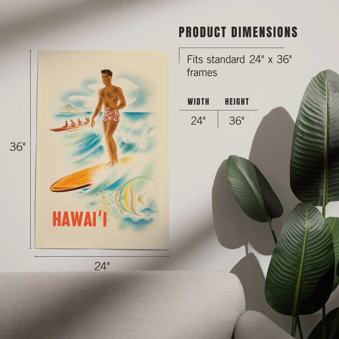 Hawaii, Vintage Surfer, Art & Giclee Prints Art Lantern Press 