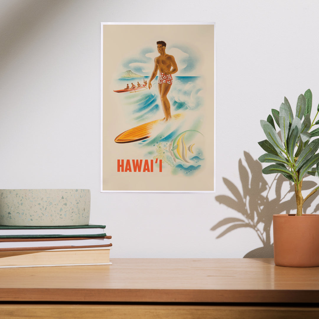 Hawaii, Vintage Surfer, Art & Giclee Prints Art Lantern Press 