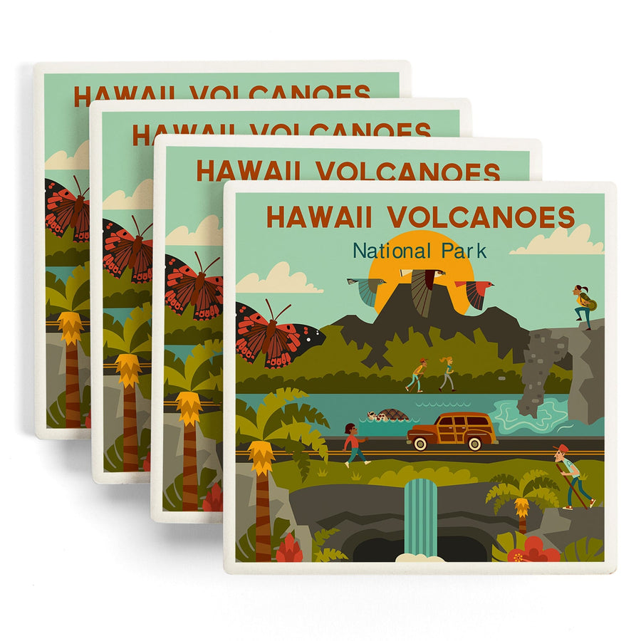 Hawaii Volcanoes National Park, Hawaii, Geometric National Park Series, Lantern Press Artwork, Coaster Set - Lantern Press