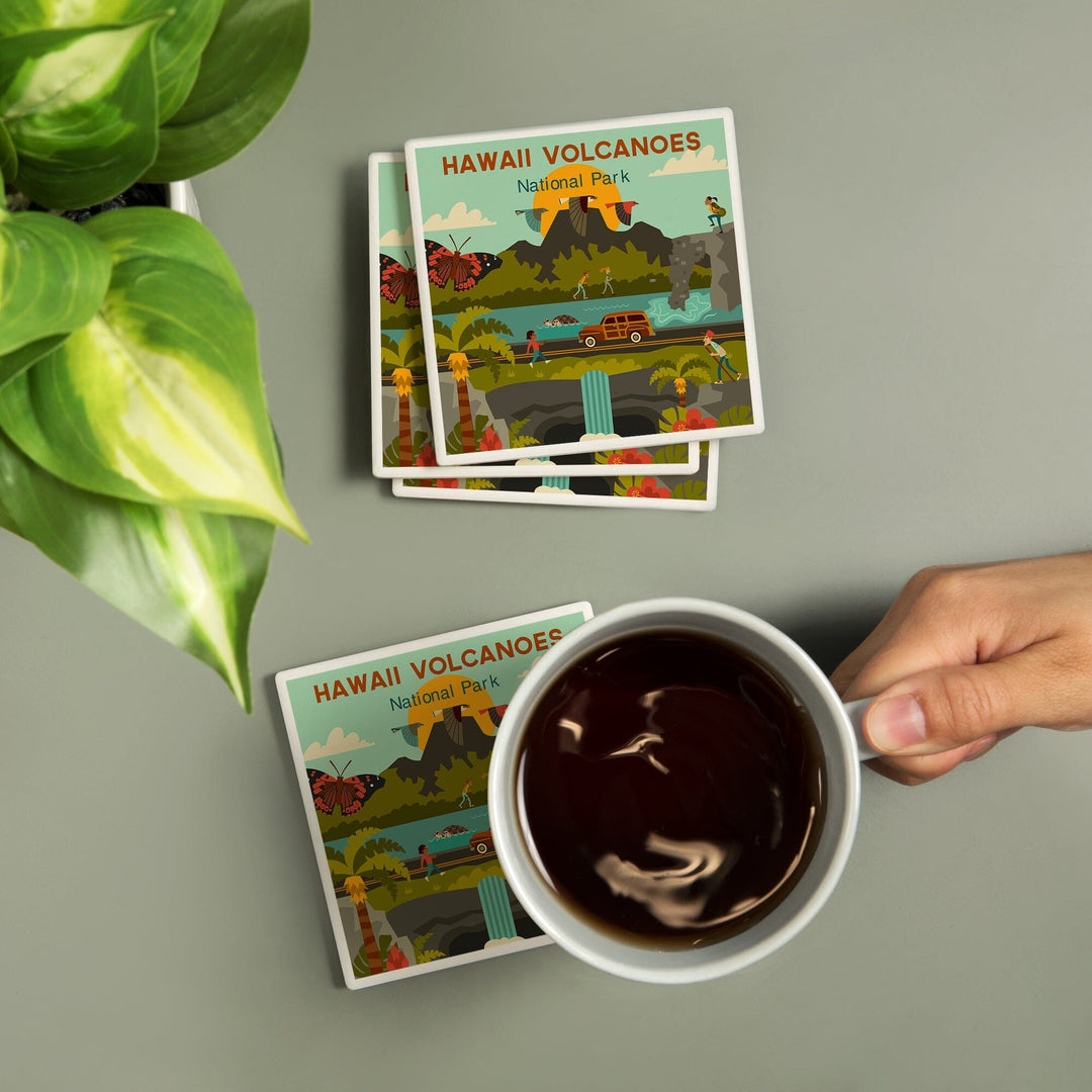 Hawaii Volcanoes National Park, Hawaii, Geometric National Park Series, Lantern Press Artwork, Coaster Set - Lantern Press