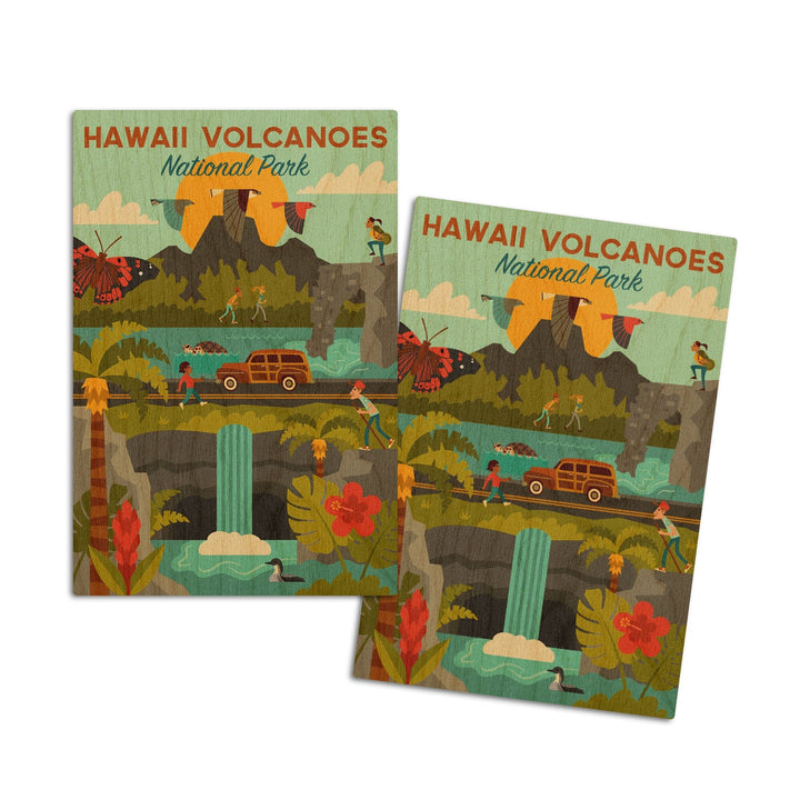 Hawaii Volcanoes National Park, Hawaii, Geometric National Park Series, Lantern Press Artwork, Wood Signs and Postcards Wood Lantern Press 4x6 Wood Postcard Set 