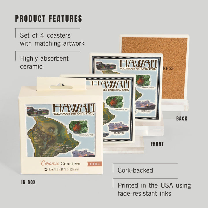 Hawaii Volcanoes National Park, Map of Hawaii, Coasters Coasters Lantern Press 
