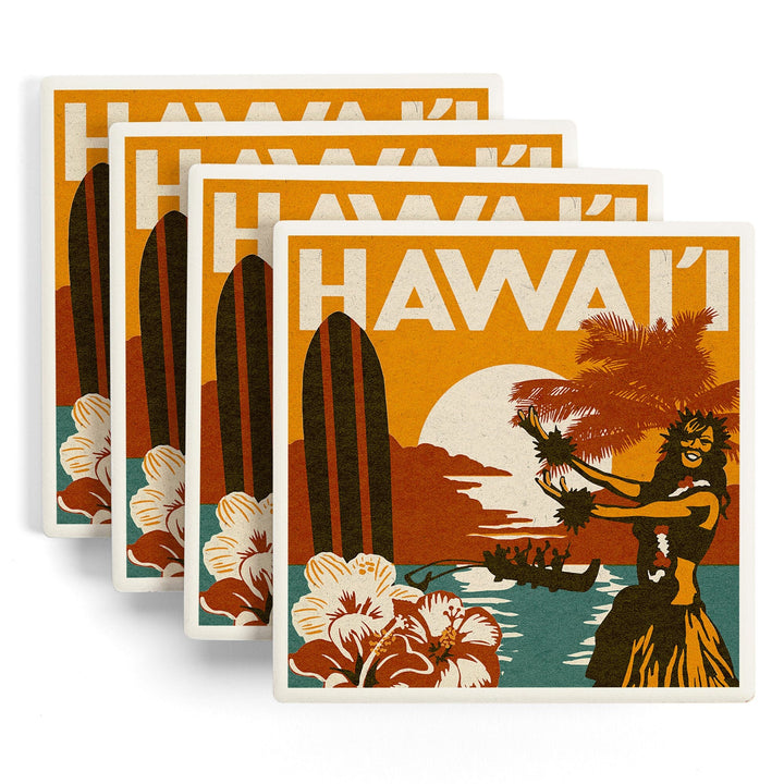 Hawai'i, Woodblock, Lantern Press Artwork, Coaster Set - Lantern Press