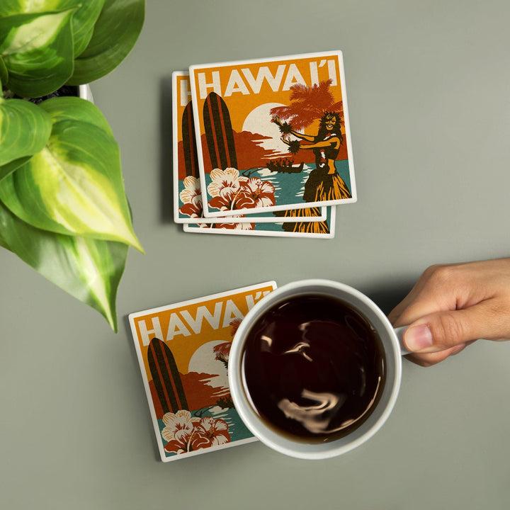 Hawai'i, Woodblock, Lantern Press Artwork, Coaster Set - Lantern Press